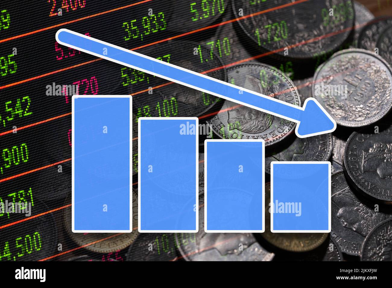 Graphique de l'économie : flèche vers le bas, pièces de franc suisse et indicateurs boursiers Banque D'Images