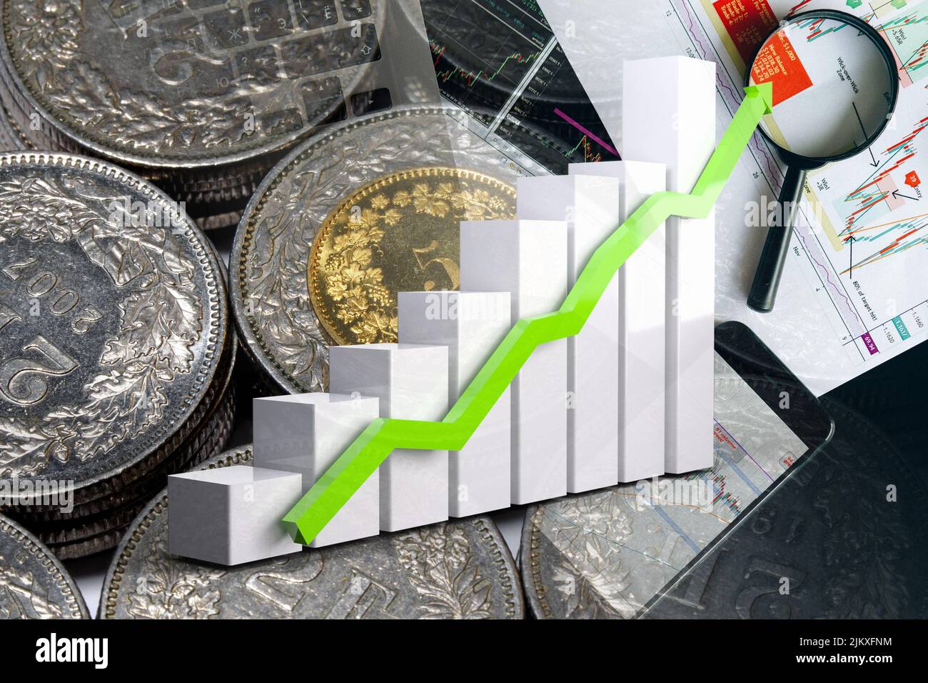 Graphique de l'économie : flèche montante, pièces de franc suisse et indicateurs du marché boursier Banque D'Images