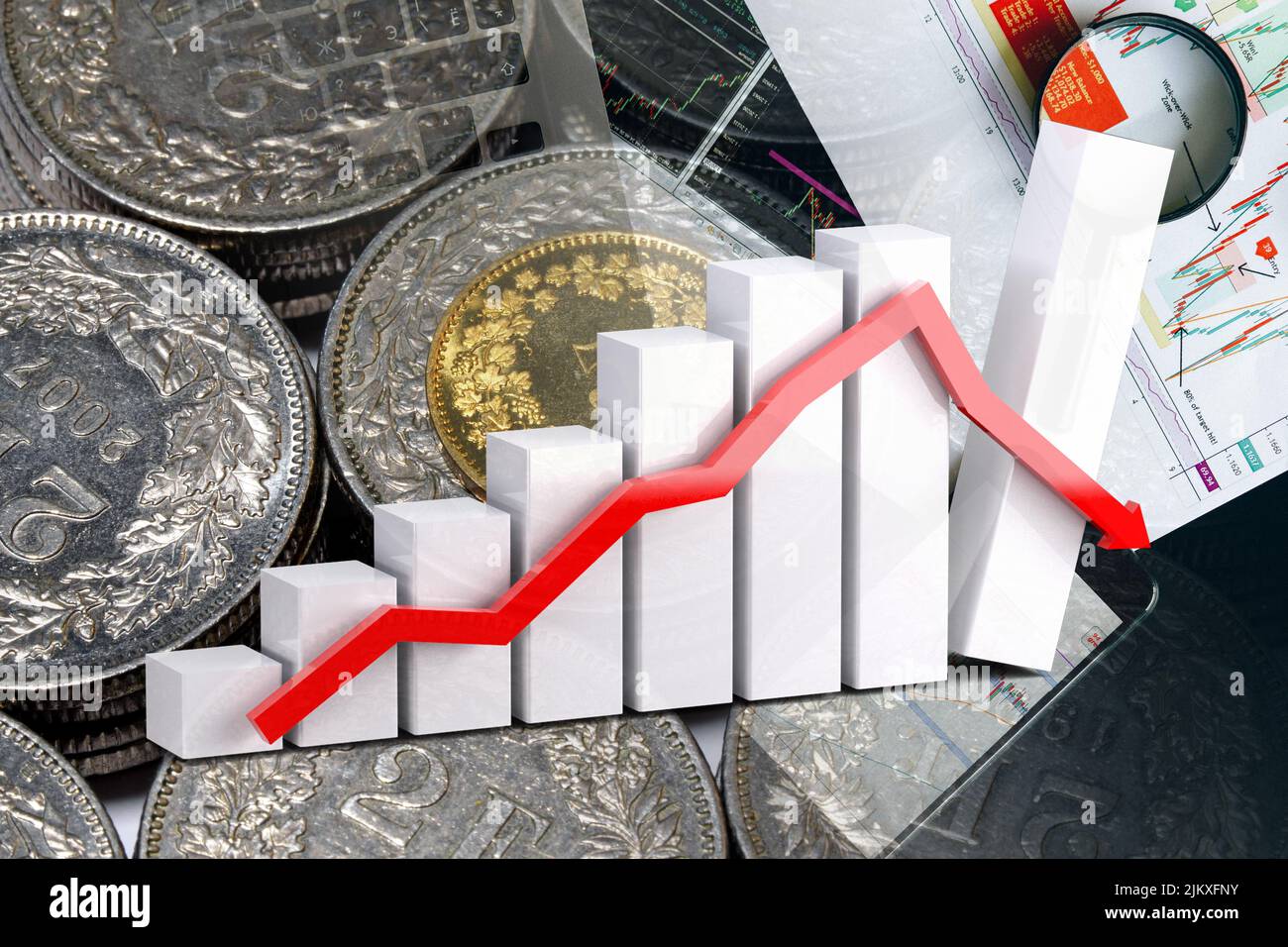 Graphique de l'économie : flèche vers le bas, pièces de franc suisse et indicateurs boursiers Banque D'Images