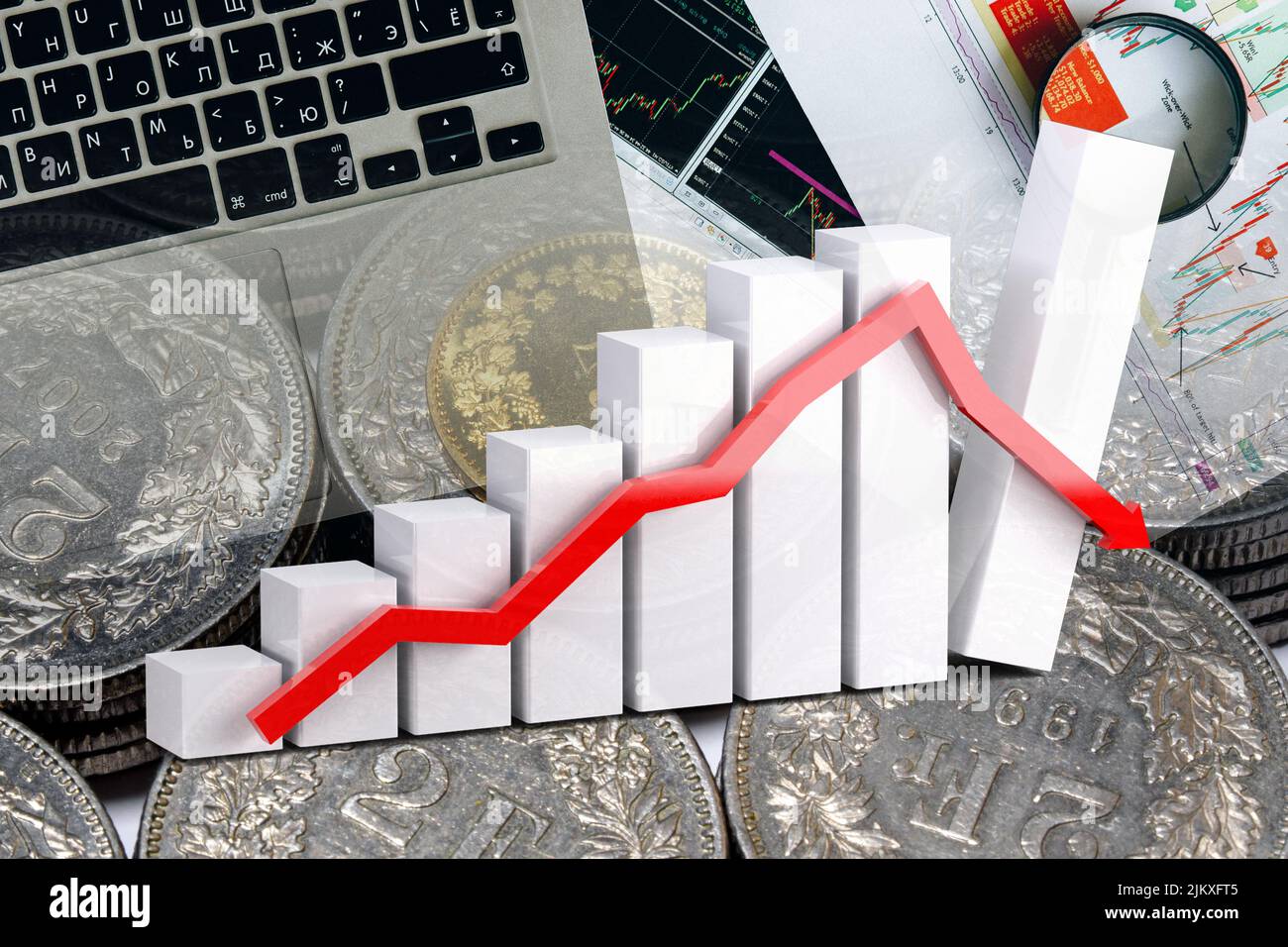 Graphique de l'économie : flèche vers le bas, pièces de franc suisse et indicateurs boursiers Banque D'Images