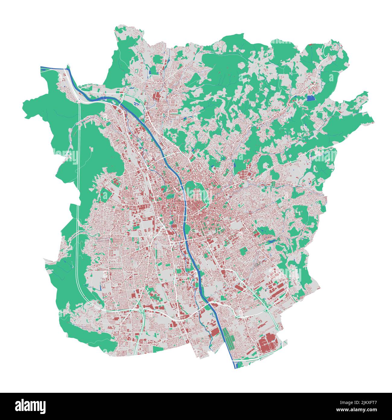 Carte vectorielle de Graz. Carte détaillée du quartier administratif de Graz. Panorama urbain. Carte routière avec bâtiments, eau, forêt. Carte touristique décorative. Illustration de Vecteur