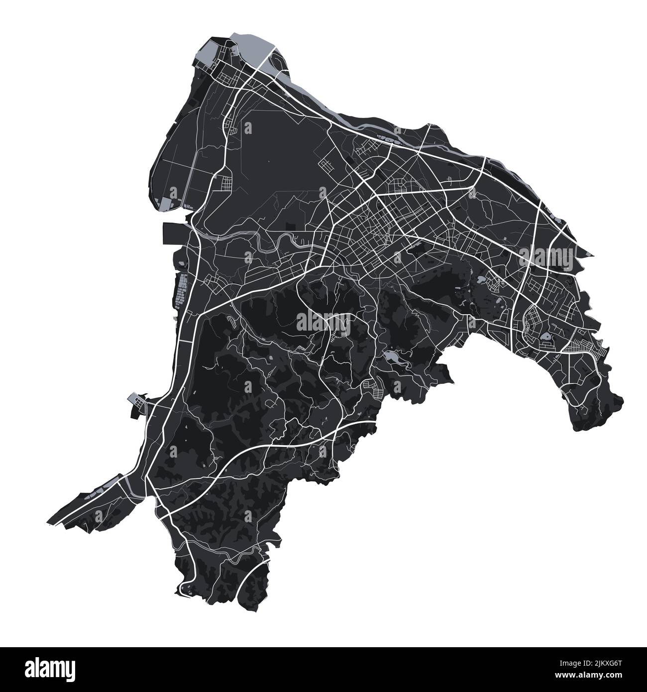 Carte vectorielle Hsinchu. Carte vectorielle détaillée de la zone administrative de la ville de Hsinchu. Vue sur l'aria métropolitain avec affiche CityScape. Terre noire avec routes blanches et Illustration de Vecteur
