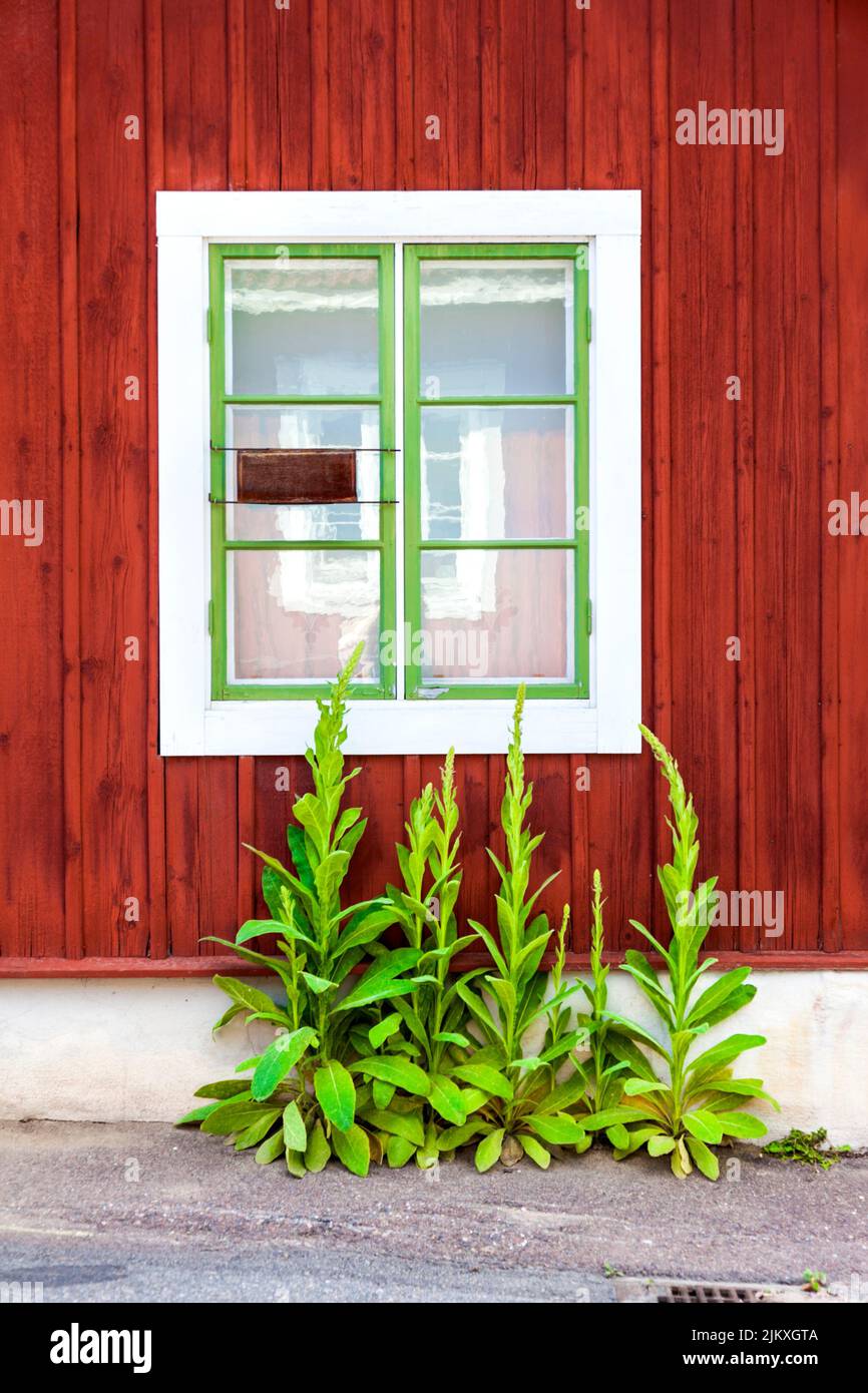 Détail extérieur d'une maison en bois typique suédoise peint dans la couleur faulée, Falun, Dalarna, Suède Banque D'Images