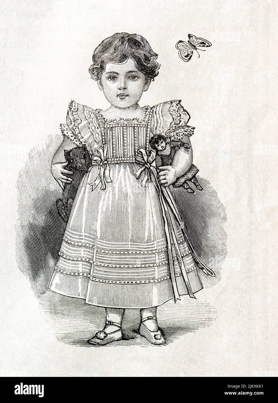 Petite fille portant une robe vintage avec poupée jouet. Gravure antique. La mode Illustree 1901, France, Paris Banque D'Images