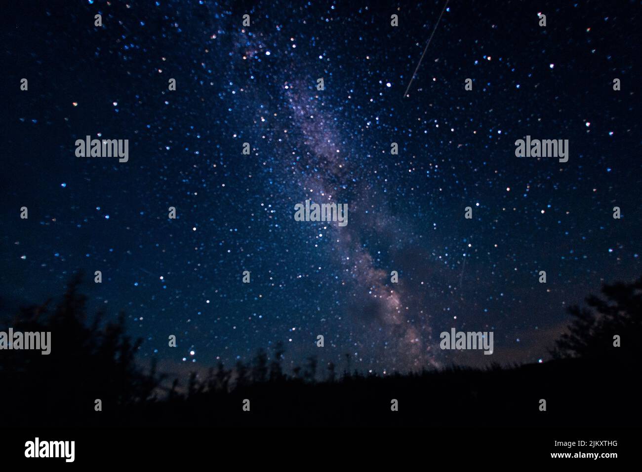 Le ciel nocturne avec la voie laiteuse pendant une douche de météorite, vue de la forêt galloway Dark Sky Park, écosse, Royaume-Uni avec une étoile de tir visible Banque D'Images