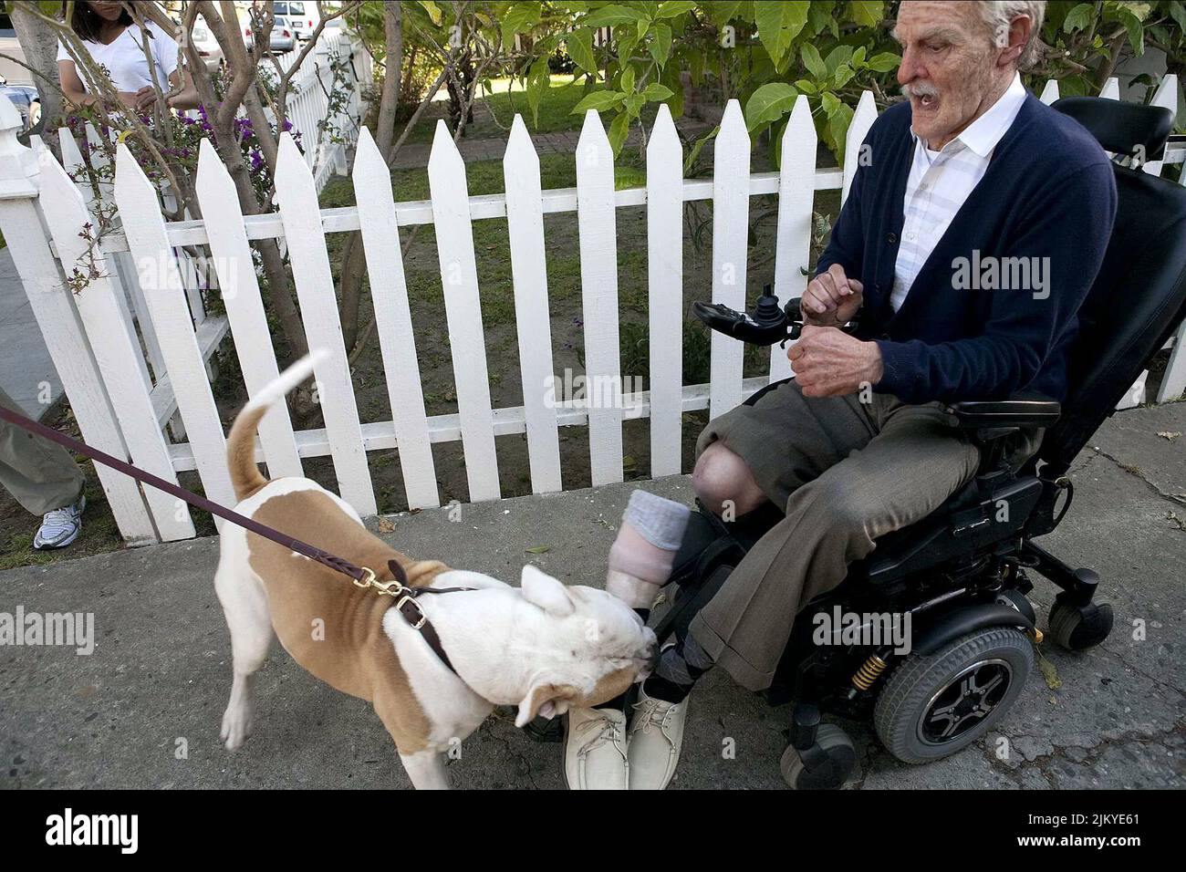 LE CHIEN ATTAQUE LE RETRAITÉ EN FAUTEUIL ROULANT, JACKASS 3D, 2010 Banque D'Images