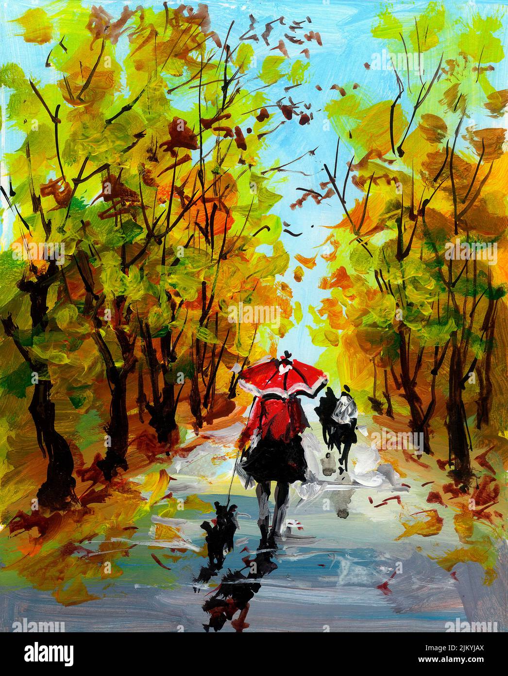 Photo verticale d'une peinture à l'huile représentant une vue arrière d'une personne marchant avec un chien dans le parc Banque D'Images