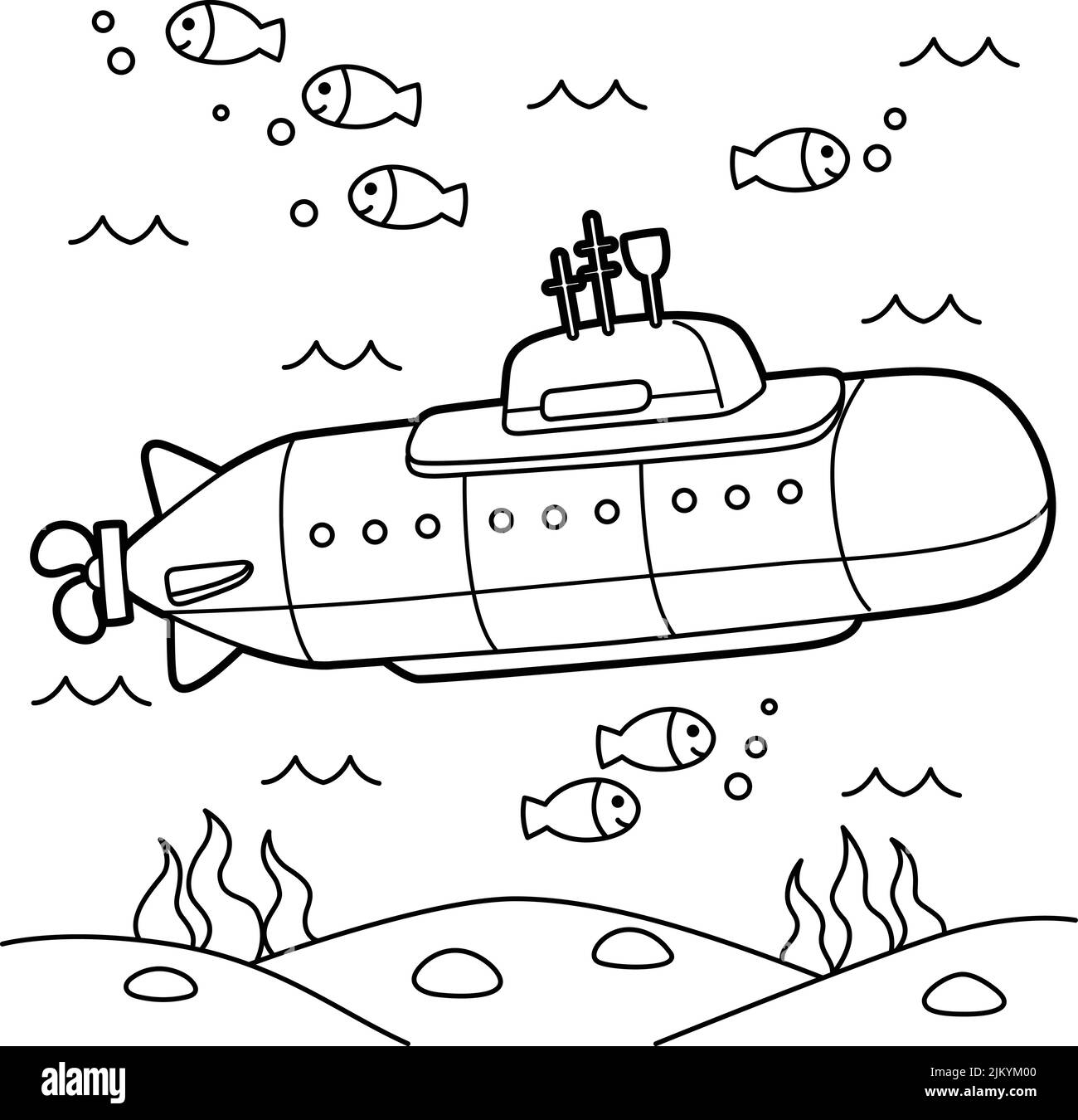 Page de coloriage de véhicule sous-marin nucléaire pour enfants Illustration de Vecteur