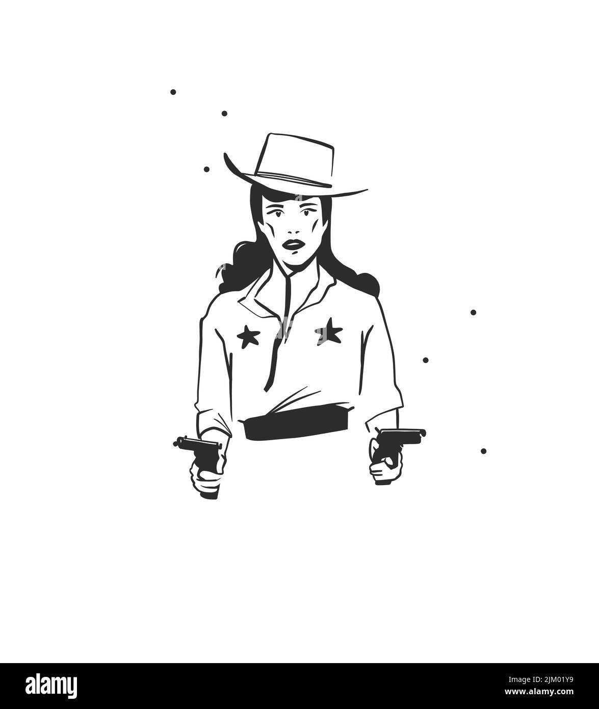 Dessin à la main vecteur graphique clipart illustration boho cowgirl en chapeau portrait avec des canons.Western design femelle.Bohemian sauvage ouest contemporain Illustration de Vecteur