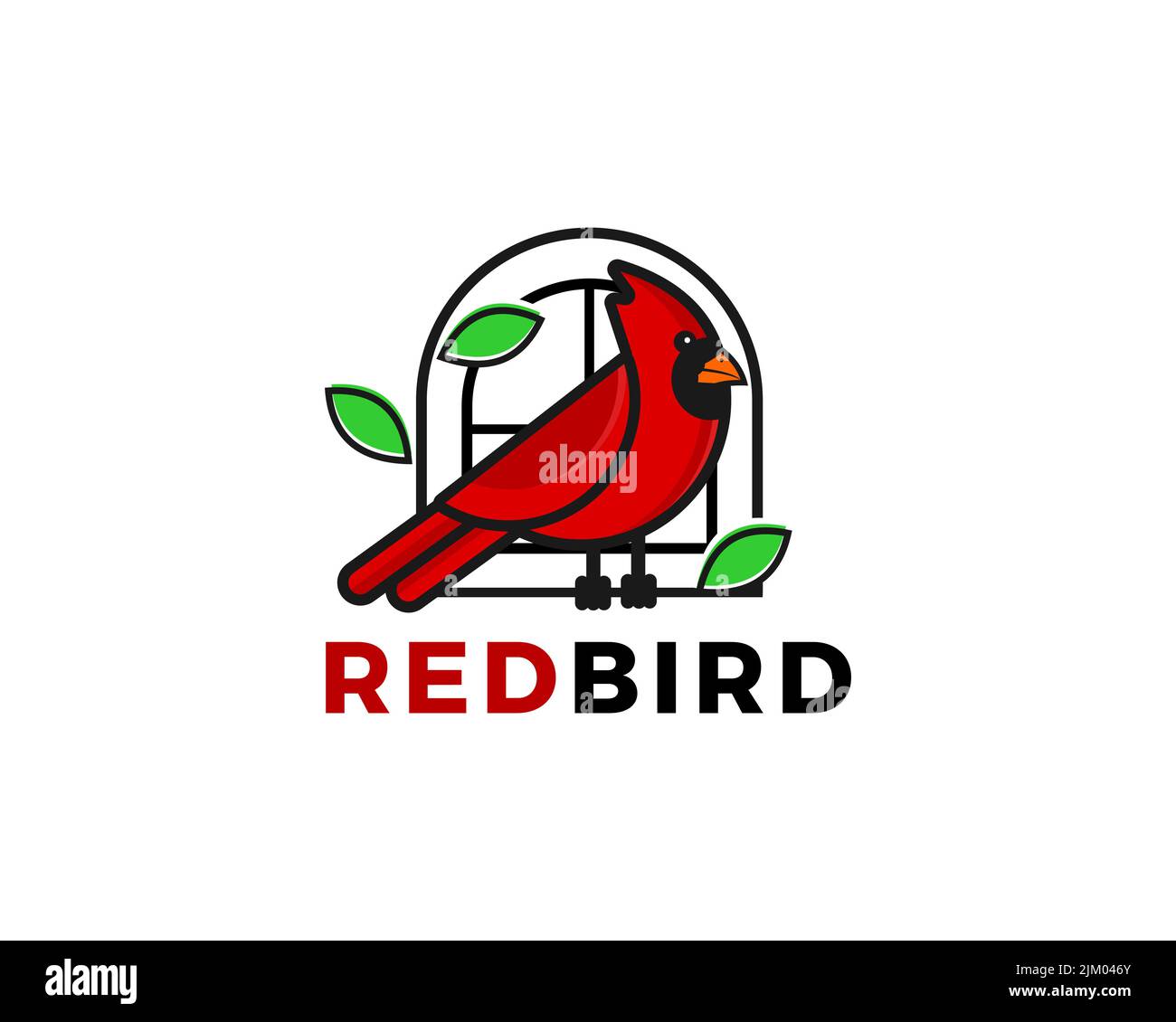 Un logo avec un oiseau rouge perché près de la fenêtre avec des feuilles vertes Illustration de Vecteur