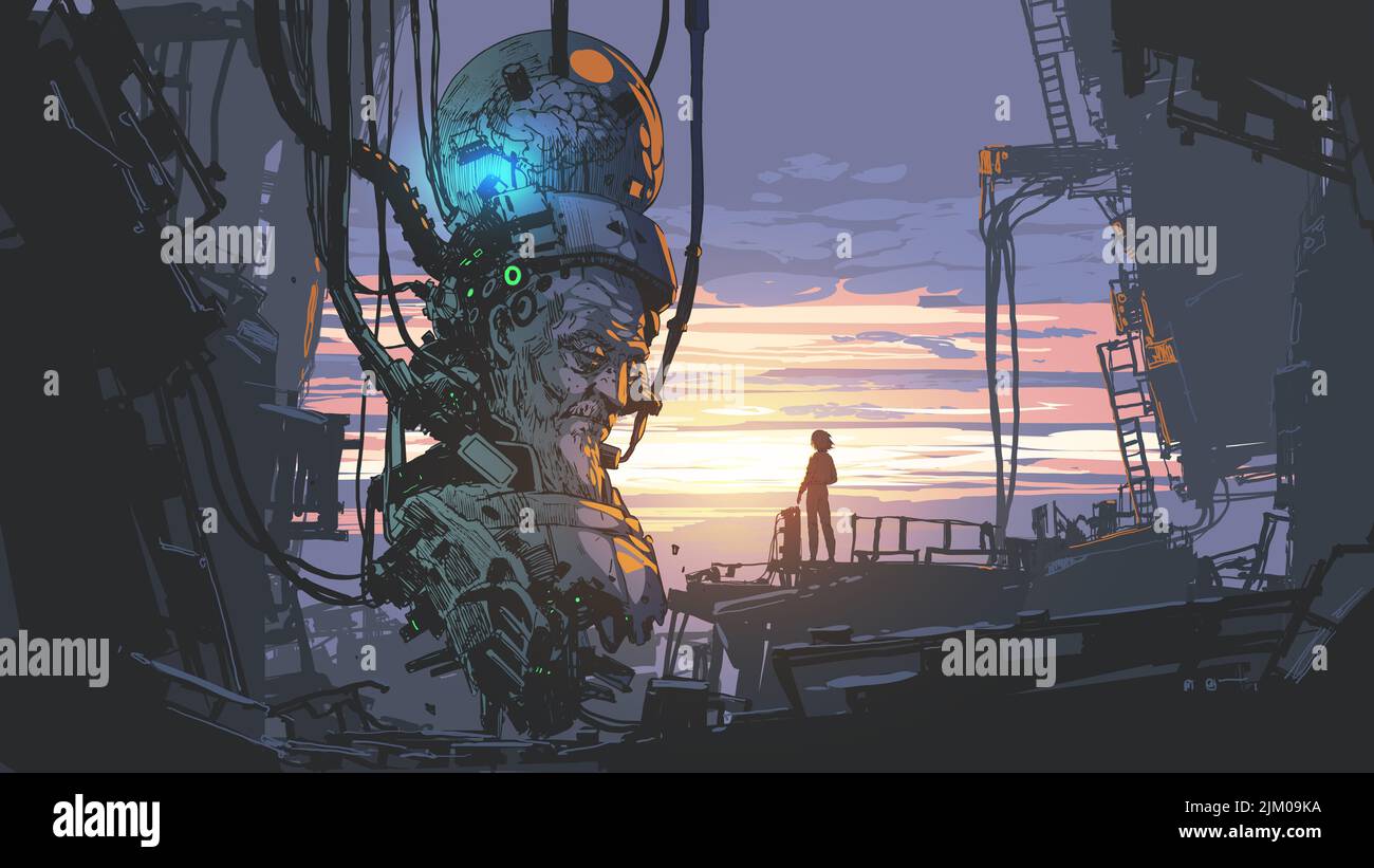 scientifique debout regardant un gigantesque robot de laboratoire, style d'art numérique, peinture d'illustration Banque D'Images