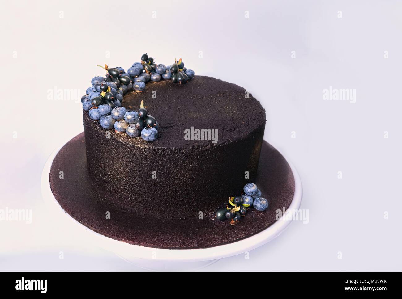 Gâteau de velours foncé doux désert avec bleuets frais haut d'or isolé sur blanc Banque D'Images