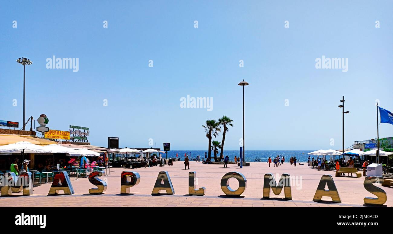 Grand panneau indiquant le nom de zone aspalomas «' près de la zone commerciale sur la plage de Maspalomas, Gran Canaria, Espagne Banque D'Images