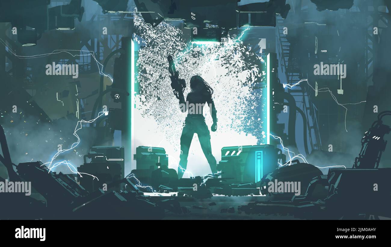 super soldat tenant une arme futuriste debout dans un laboratoire, style d'art numérique, peinture d'illustration Banque D'Images