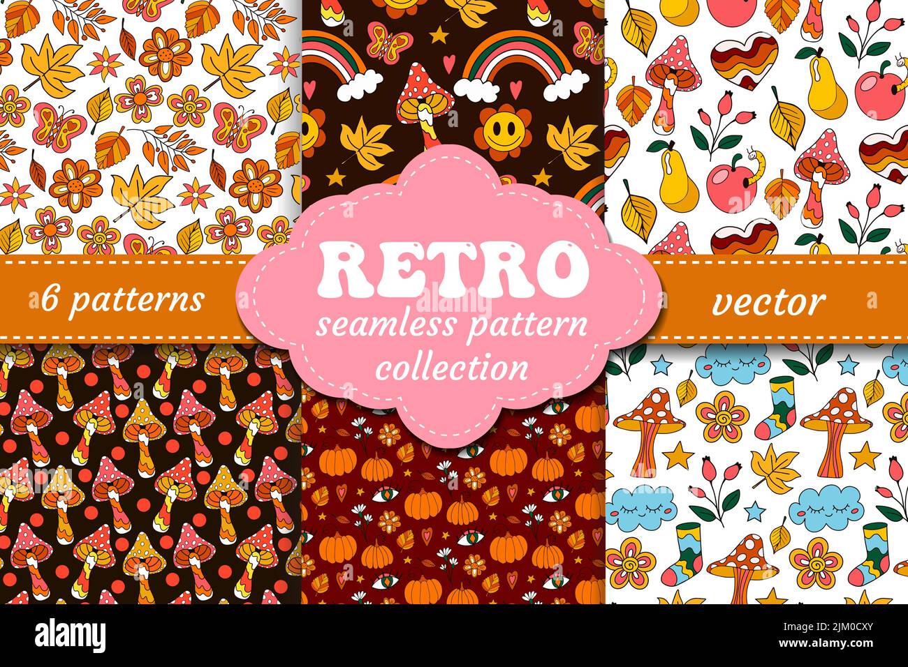 Ensemble de 70s motifs psychédéliques sans couture, arrière-plans hippie groovy. Imprimé funky avec fleurs et champignons, motif hippopotame vectoriel Illustration de Vecteur