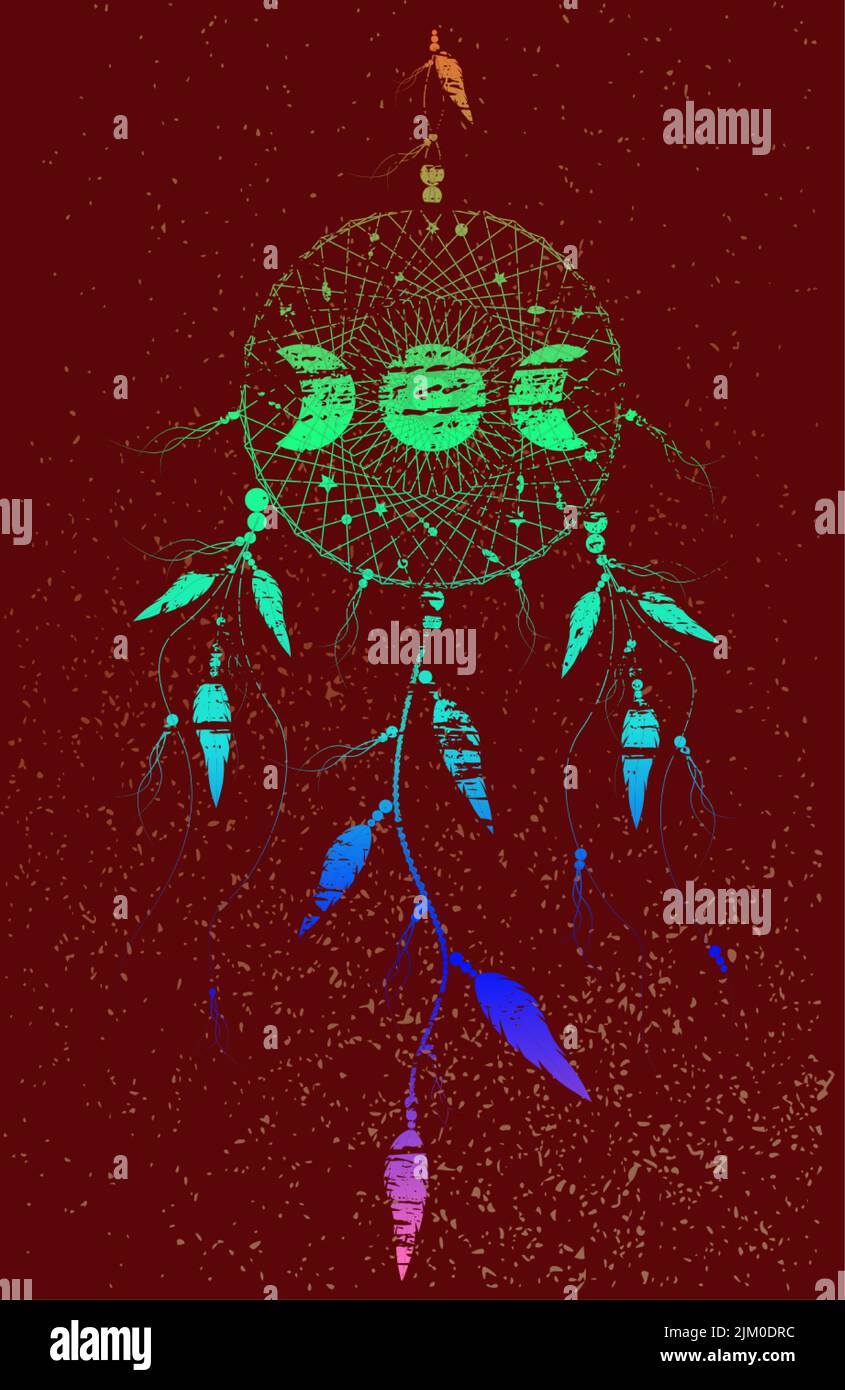 Psychédélique Dreamcatcher mandala ornement phases de lune et plumes d'oiseau. Ancien symbole mystique, art ethnique coloré avec boho amérindien Illustration de Vecteur