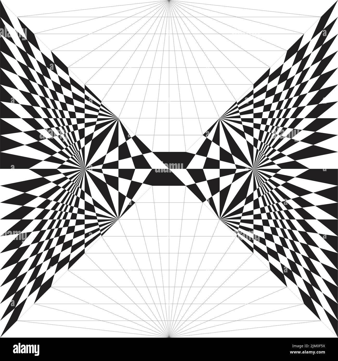 Arrière-plan numérique en noir et blanc. Forme de papillon abstraite. Symétrie centrale. Géométrie de construction de grille. Lignes de perspective. Illustration de Vecteur