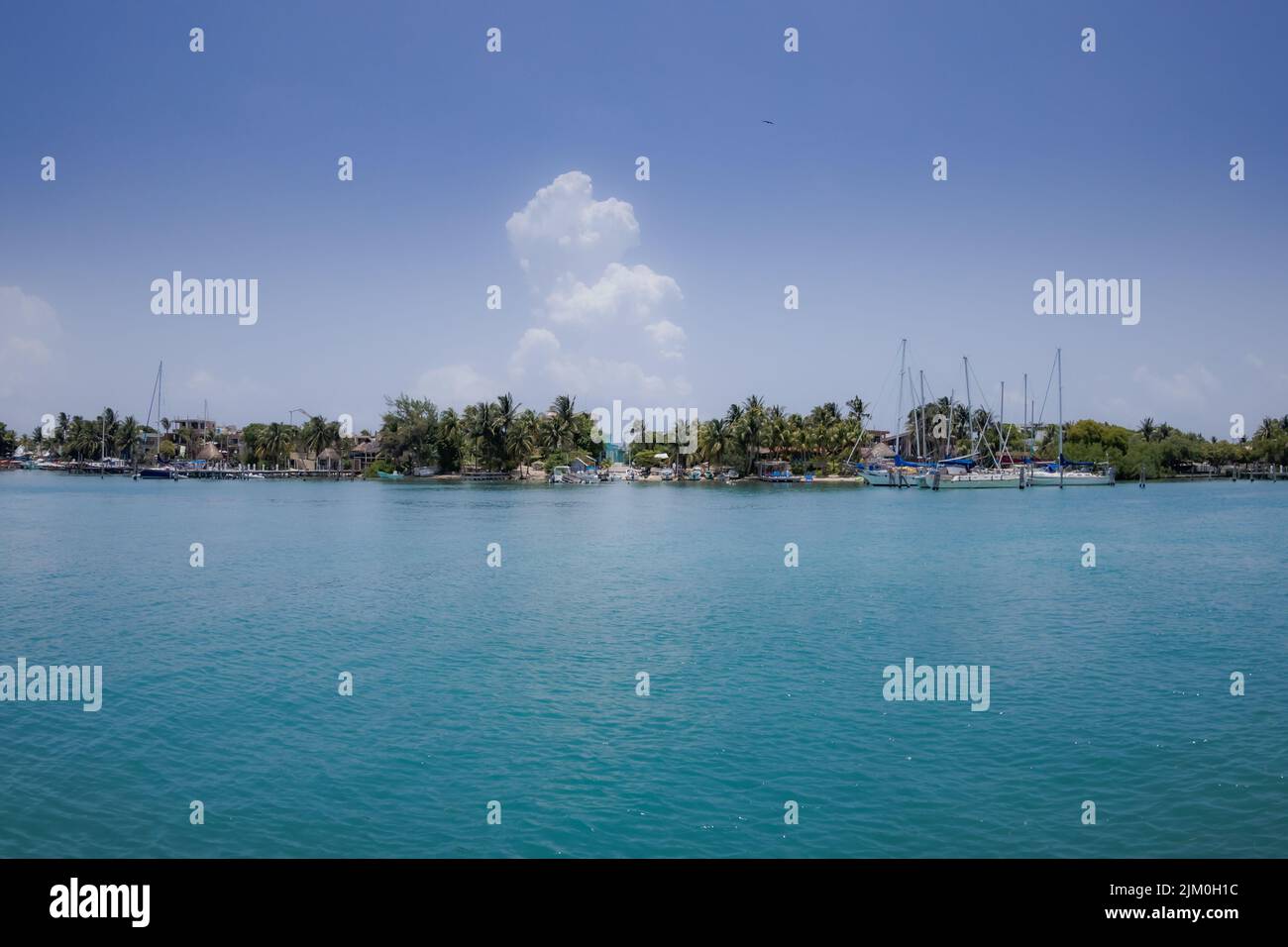 Vue sur les maisons côtières depuis un bateau par une belle journée d'été Banque D'Images