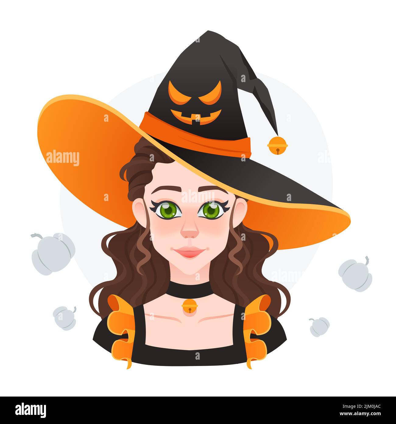 Halloween magicienne fille dans grand chapeau avec visage en colère. Fille de conte de fées. Joli drôle de sorcière avatar pour le jeu et la publicité Illustration de Vecteur