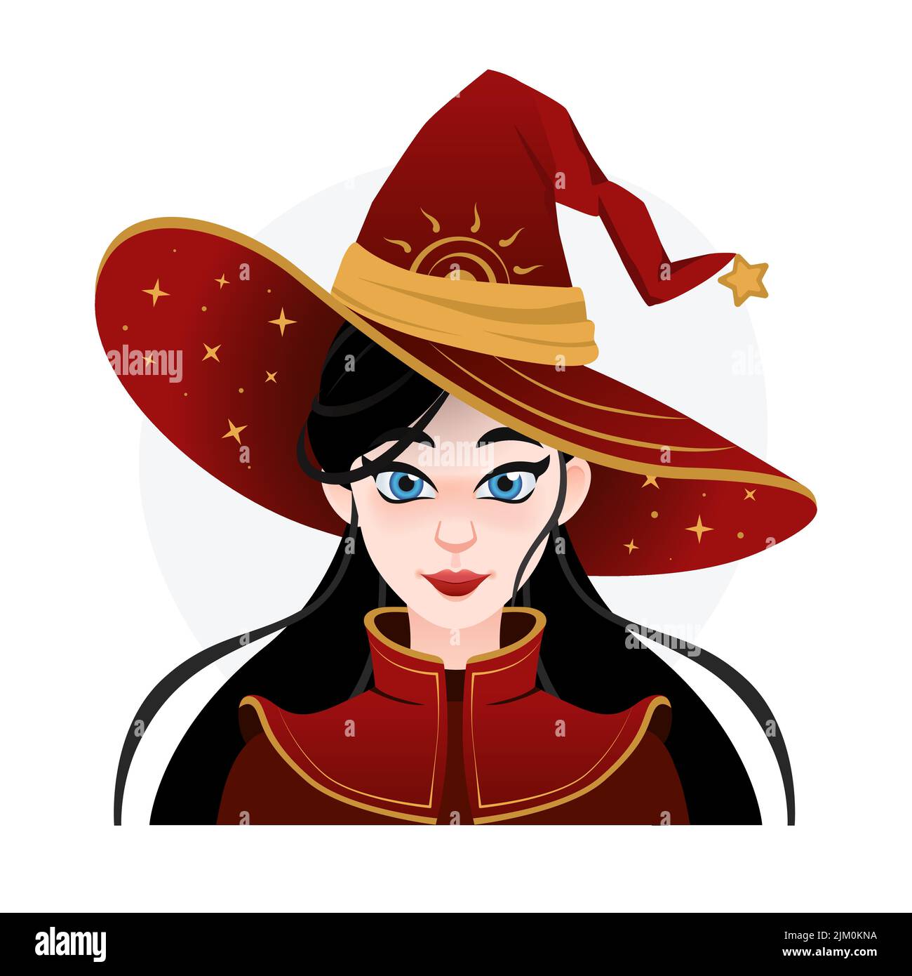 Joli avatar de sorcière de star asiatique pour la publicité. Halloween magicienne fille dans grand chapeau avec l'espace. Costume ancien Illustration de Vecteur
