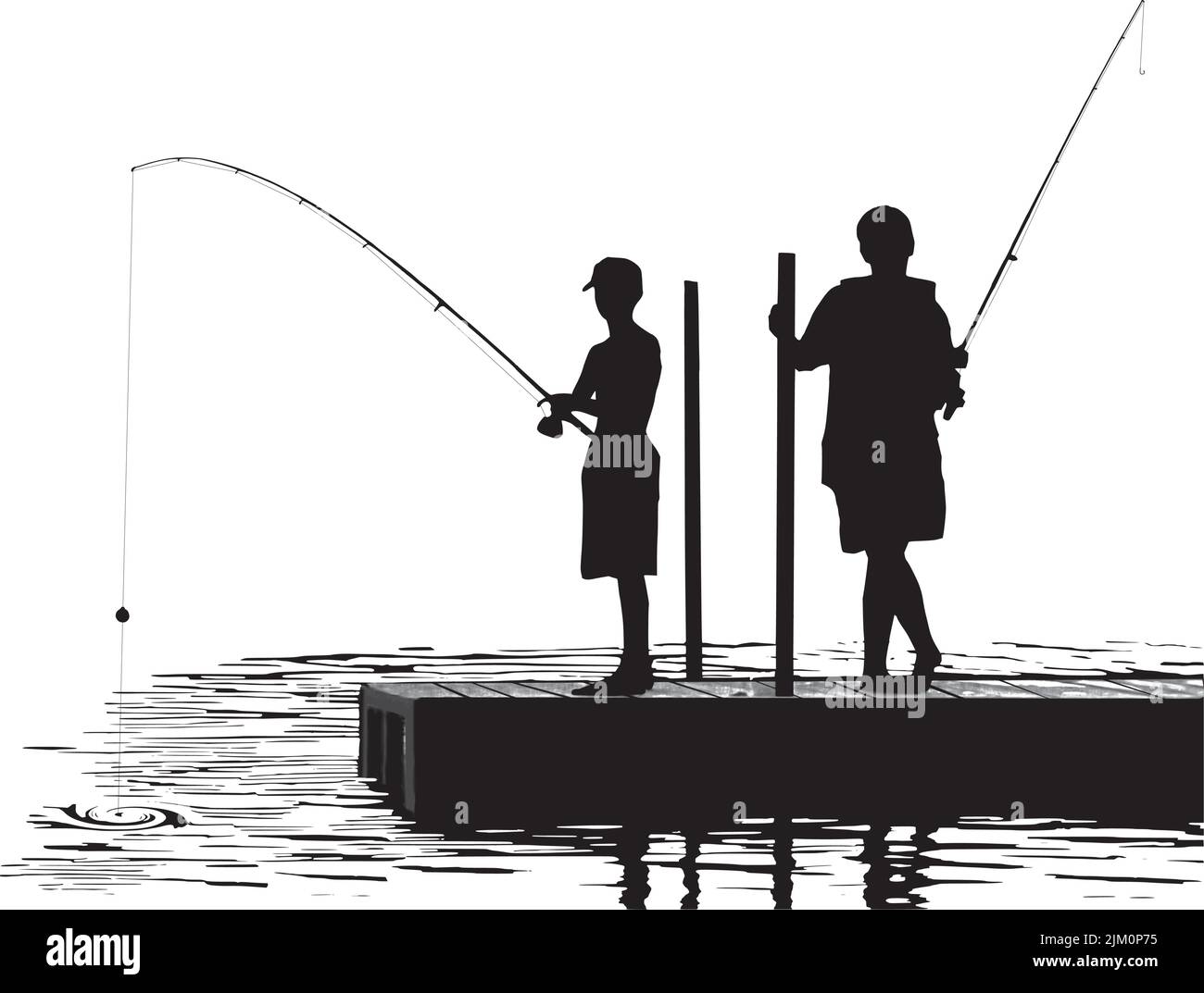 Deux frères pêchent depuis un quai dans un lac au coucher du soleil. Illustration de Vecteur