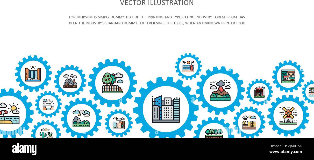 Page d'accueil en mode paysage avec icônes colorées. Pont, forêt, jardin, volcan, bannière d'icône d'entreprise de Moulin à vent. Illustration de Vecteur