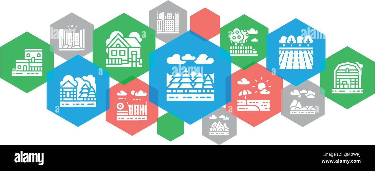 Bannière Web paysage. Pont, Forêt, jardin, volcan, vecteur de vent icônes de ligne horizontale illustration. Illustration de Vecteur