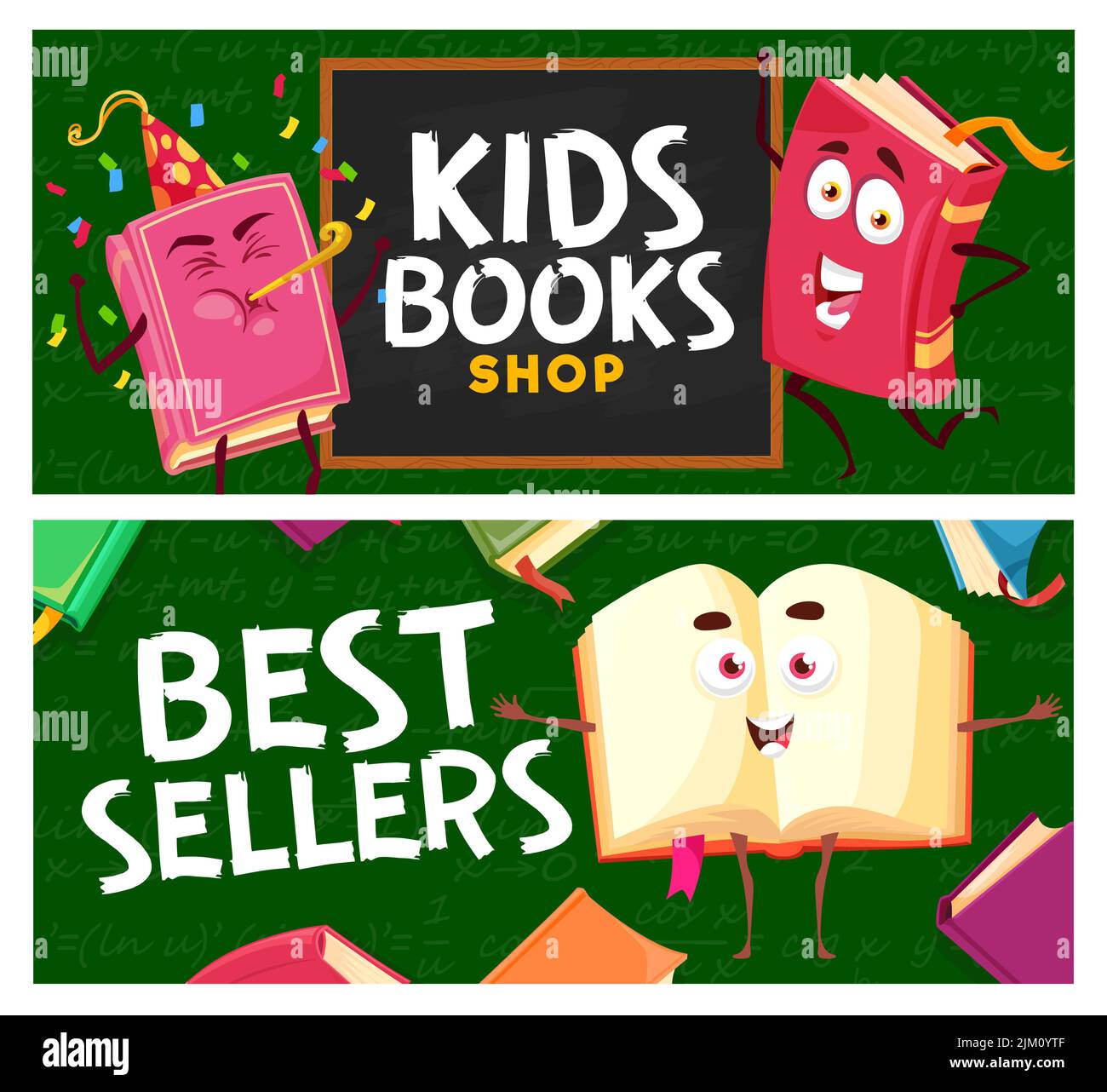 Boutique de livres et de BEST-sellers pour enfants. Bannières vectorielles avec de jolis personnages de livres en papier ou de BEST-sellers avec un visage souriant, une couverture de couleur et bo Illustration de Vecteur