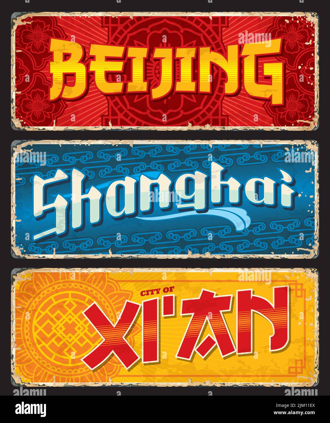 Beijing, Shanghai, Xian plaques de voyage et autocollants chinois. Autocollant ou carte postale China City grunge. Circuit asiatique destination rétro vecteur étain panneau ou sou Illustration de Vecteur