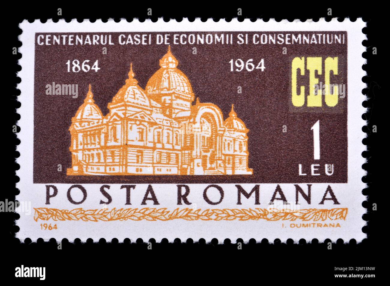Timbre-poste roumain (1964) : Centenaire 1864 - 1964 de la Banque CEC (avant 6 mai 2008 Casa de Economii și Consemnațiuni) Banque D'Images