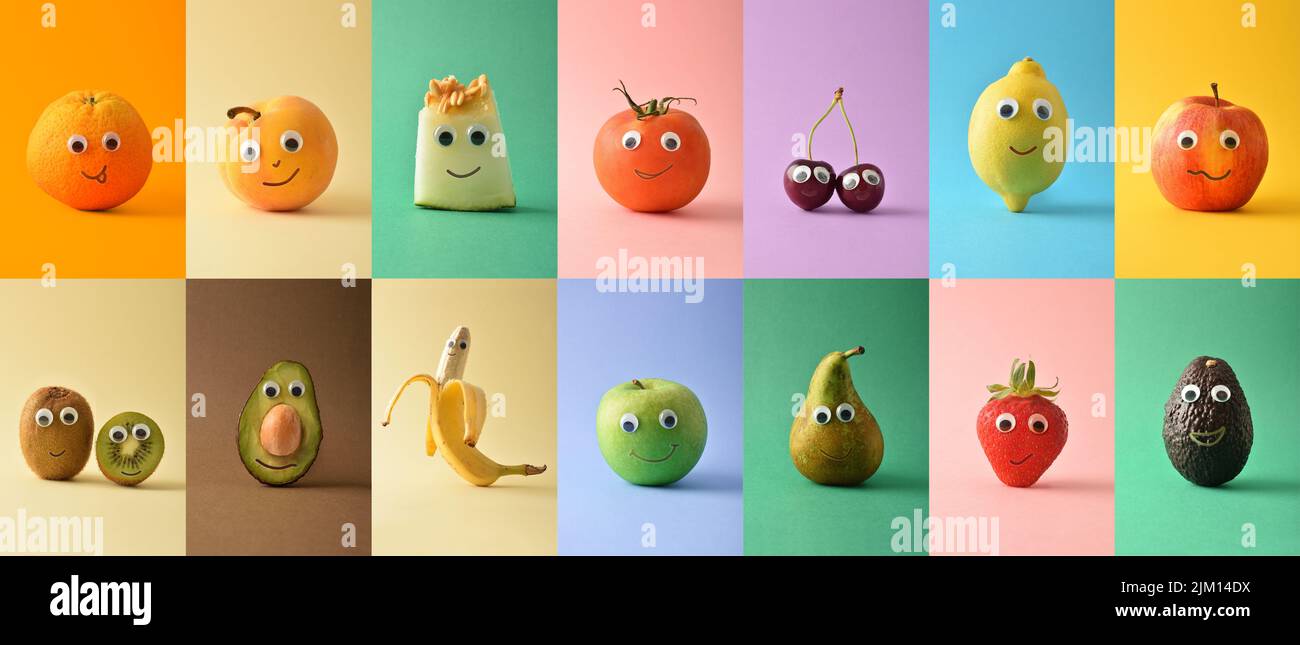 Ensemble de fruits amusants colorés avec visage sur fond de couleur isolée. Fruits enfant saine alimentation concept. Banque D'Images