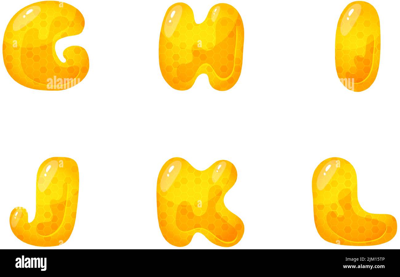 Police douce au miel. Lettre de dessin animé miel liquide, police vectorielle nid d'abeille jaune. Illustration de Vecteur