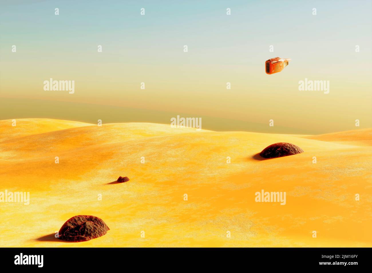 Paysage surréaliste du désert avec vaisseau spatial volant sur terre moderne minimal arrière-plan abstrait. 3d illustration Banque D'Images