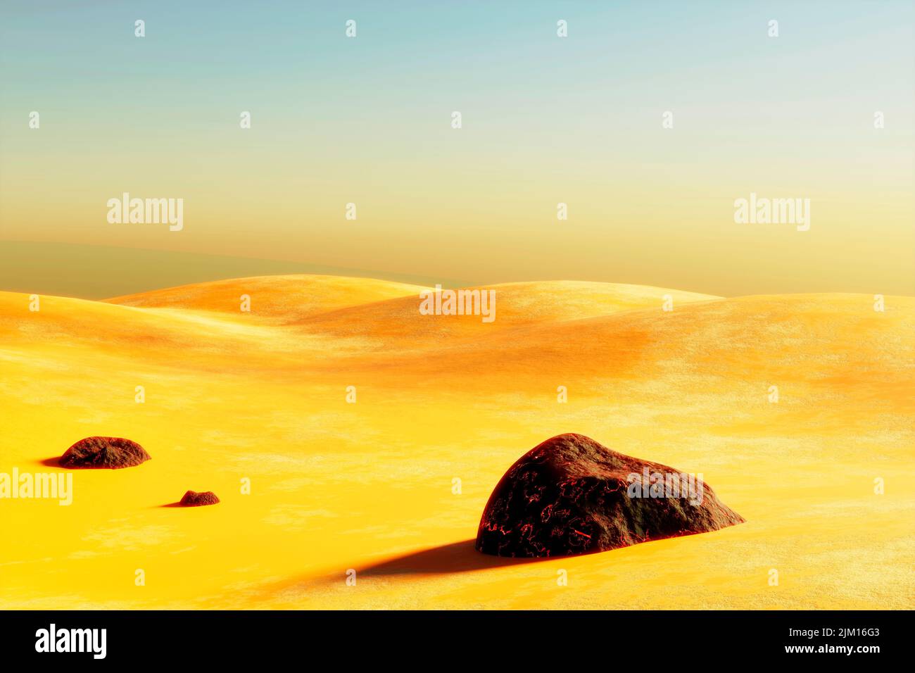 Rochers de lave sur paysage surréaliste du désert . Arrière-plan moderne minimaliste et abstrait. 3d illustration Banque D'Images
