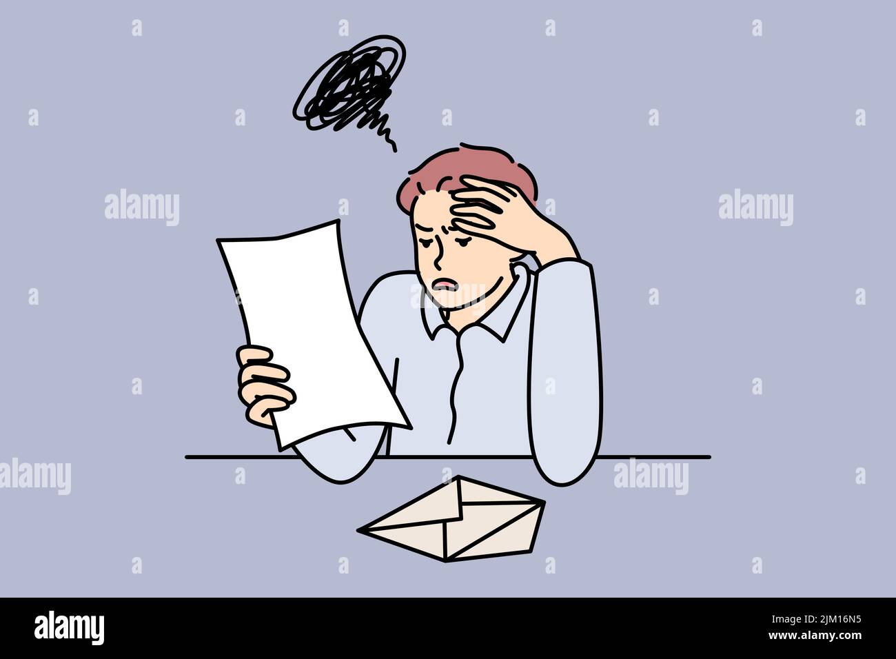 Un homme malheureux lisant de mauvaises nouvelles dans la lettre se sent frustré par le massage. Un homme contrarié avec un avis ou une notification. Frustration et courrier postal. Illustration vectorielle. Illustration de Vecteur