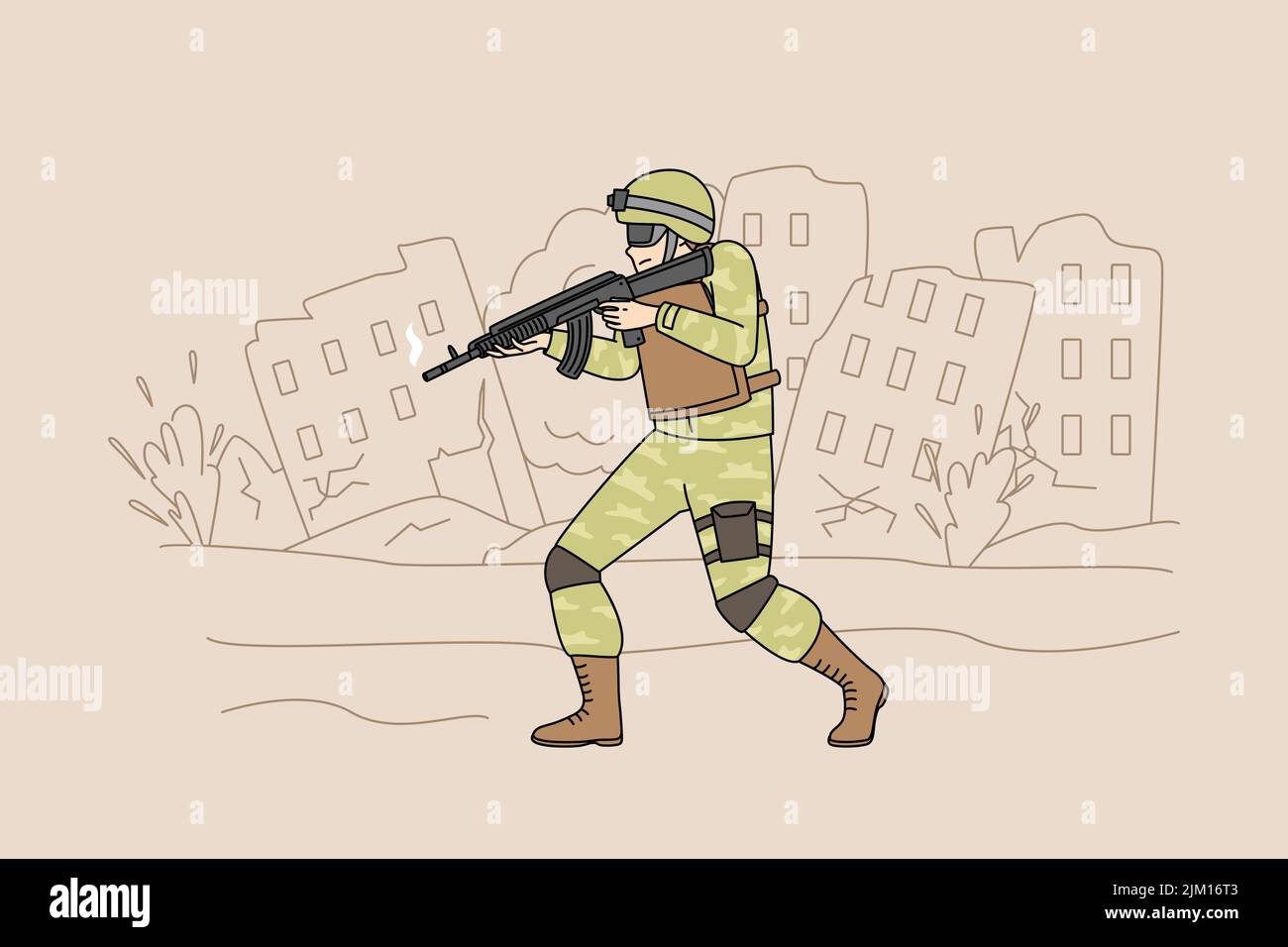 Un soldat en uniforme avec une marche à l'arme a détruit la ville protégeant les terres. Guerrier sur le service militaire à la guerre. Technicien de maintenance à l'avant. Illustration vectorielle. Illustration de Vecteur