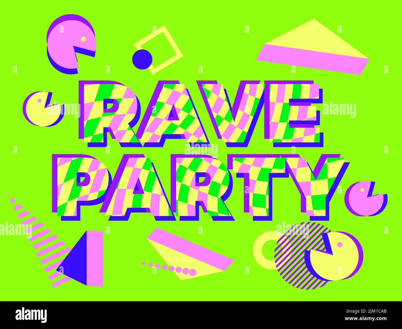 Voyage psychédélique rave, acide. Rave des lettres de fête avec illusion. Formes géométriques sur fond vert acide brillant. Design pour affiches, bannières et pro Illustration de Vecteur