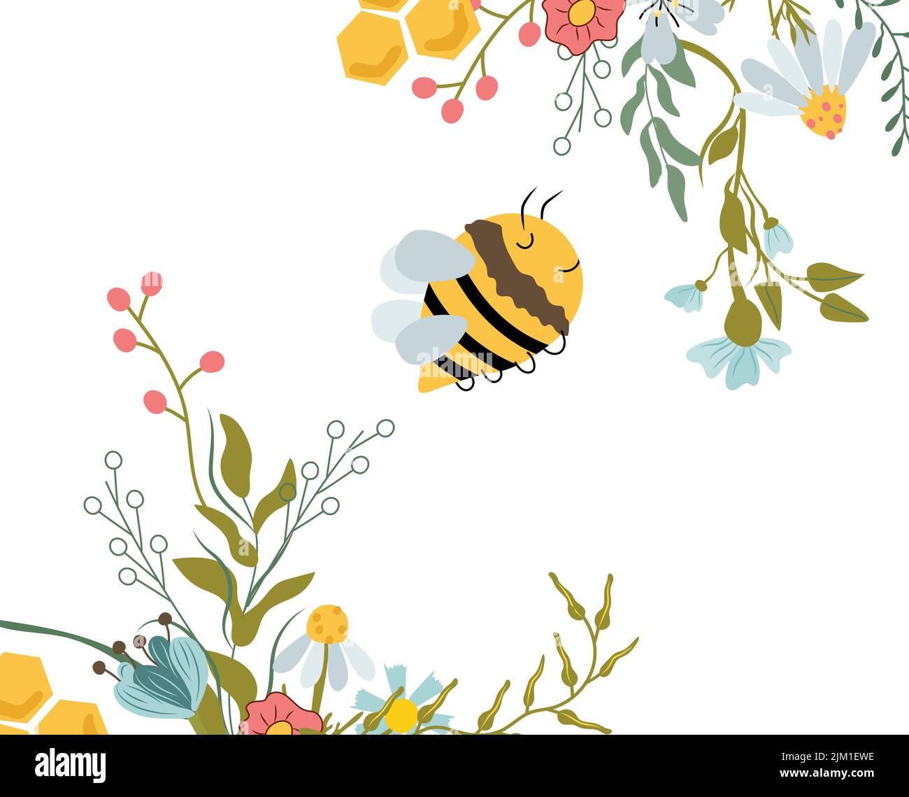 Abeille heureuse avec fleurs sauvages. Abeille mignonne, feuilles, fleurs, herbes. Composition pour votre marque, logo, étiquette, bannière, carte postale. Illustration vectorielle. Illustration de Vecteur