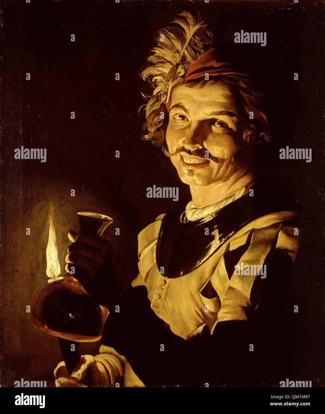 Homme avec bougie brûlante et carafe de vin. Musée: Accademia Carrara, Bergame. Auteur: MATTHIAS STOM. Banque D'Images