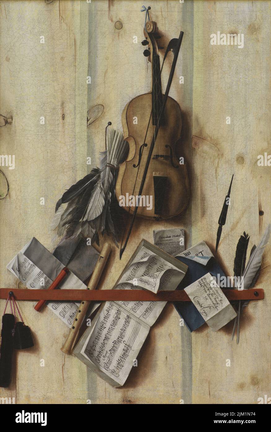 Trompe l'œil avec violon, livre de musique et enregistreur. Musée : Musée Statens de Kunst, Copenhague. Auteur: Cornelis Norbertus Gijsbrechts. Banque D'Images