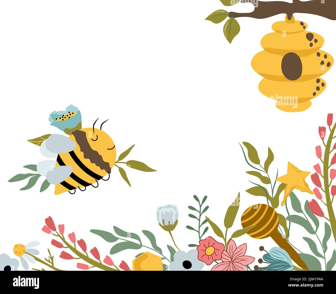 Abeille heureuse avec fleurs sauvages. Ruche, feuilles, fleurs, herbes. Composition pour votre marque, logo, étiquette, bannière, carte postale. Illustration vectorielle. Illustration de Vecteur