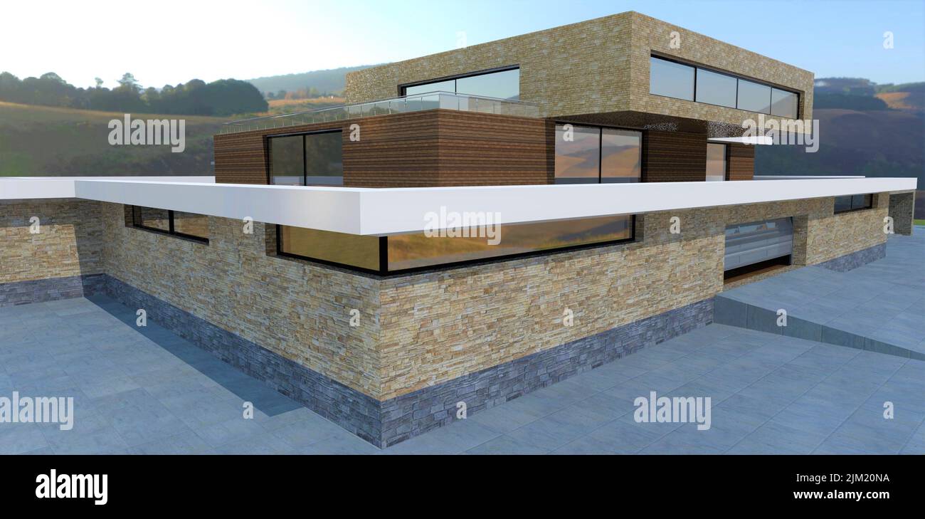 Le concept d'une maison futuriste sur trois niveaux. Beaucoup d'espace, finitions en pierre naturelle. Champs vallonnés en arrière-plan. 3d rendu. Banque D'Images