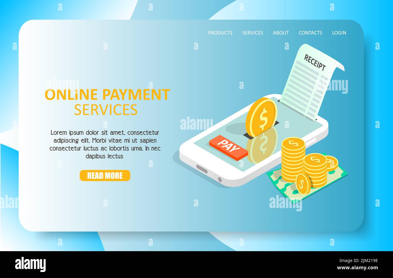 Modèle de page de renvoi des services de paiement en ligne. Illustration isométrique vectorielle d'un smartphone avec pièces en dollars et reçu papier. Internet payant Illustration de Vecteur