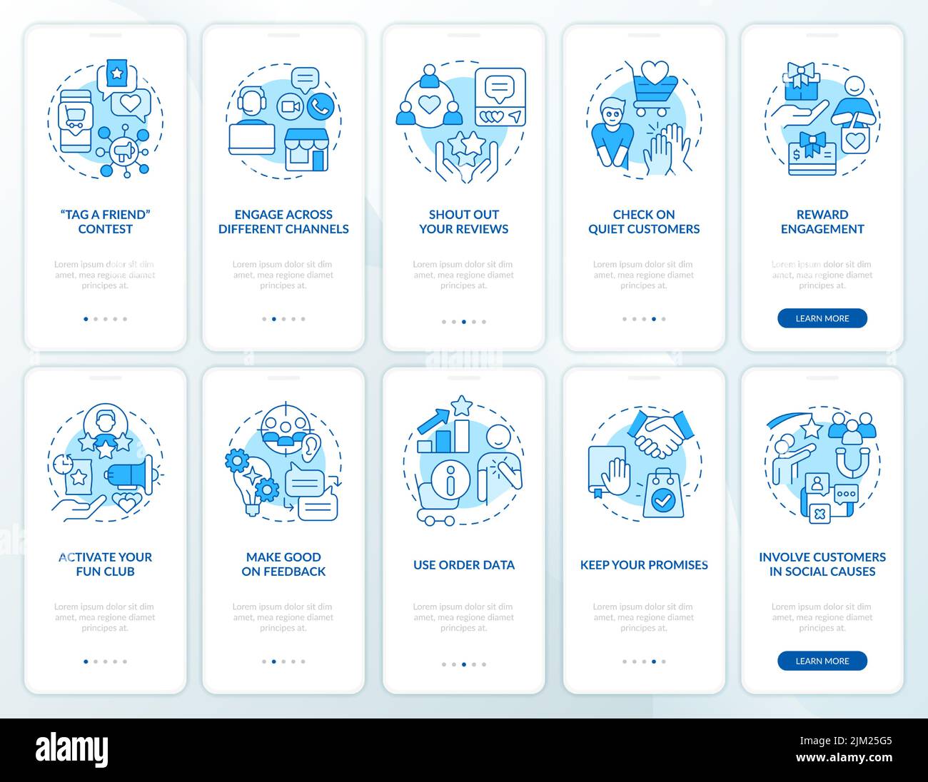 Jeu d'écrans d'application mobile d'intégration bleu pour l'engagement des clients numériques Illustration de Vecteur