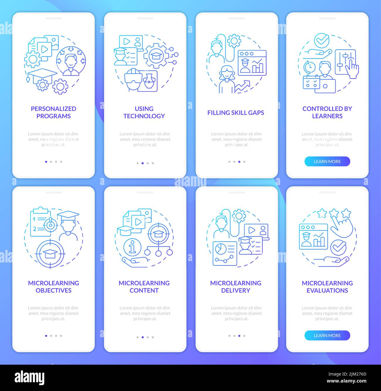 Style de diffusion de l'enseignement Blue gradient Onboarding application écran mobile Illustration de Vecteur