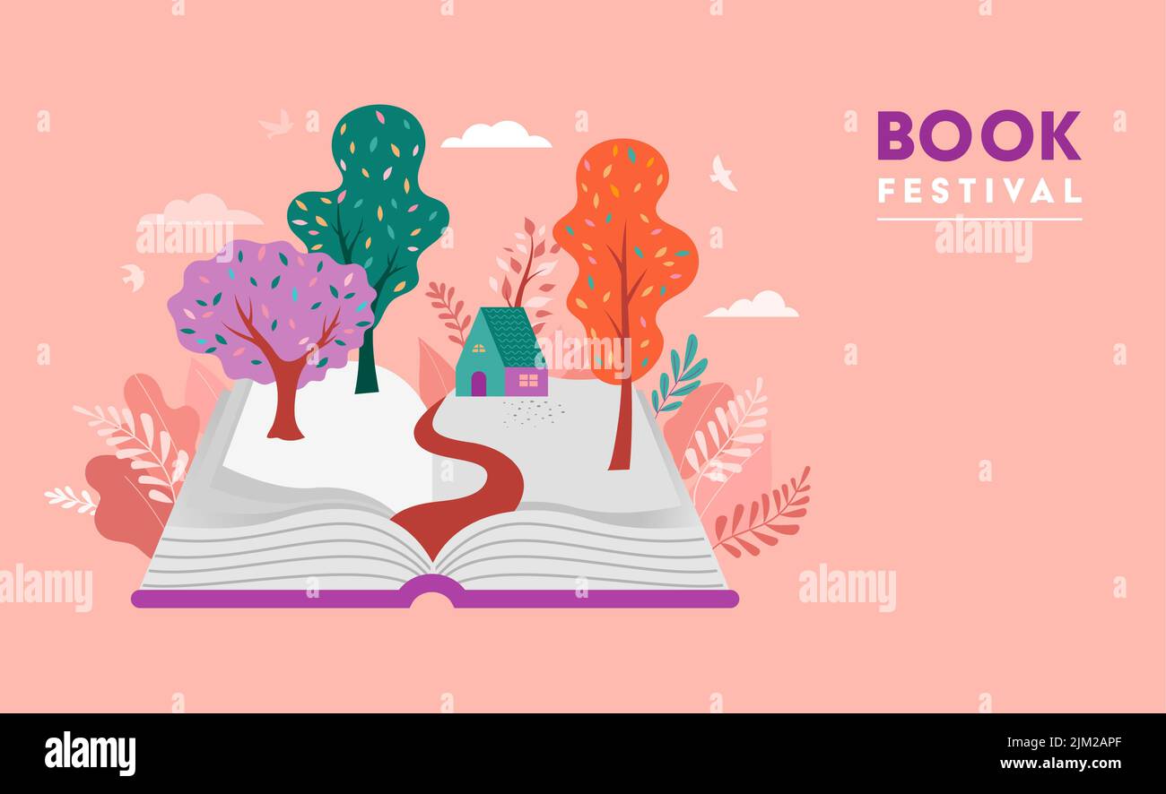 Festival de livre concept d'une petite maison au milieu de la forêt, placé sur l'énorme livre ouvert. Retour à l'école, conception de la bibliothèque. Vecteur Illustration de Vecteur