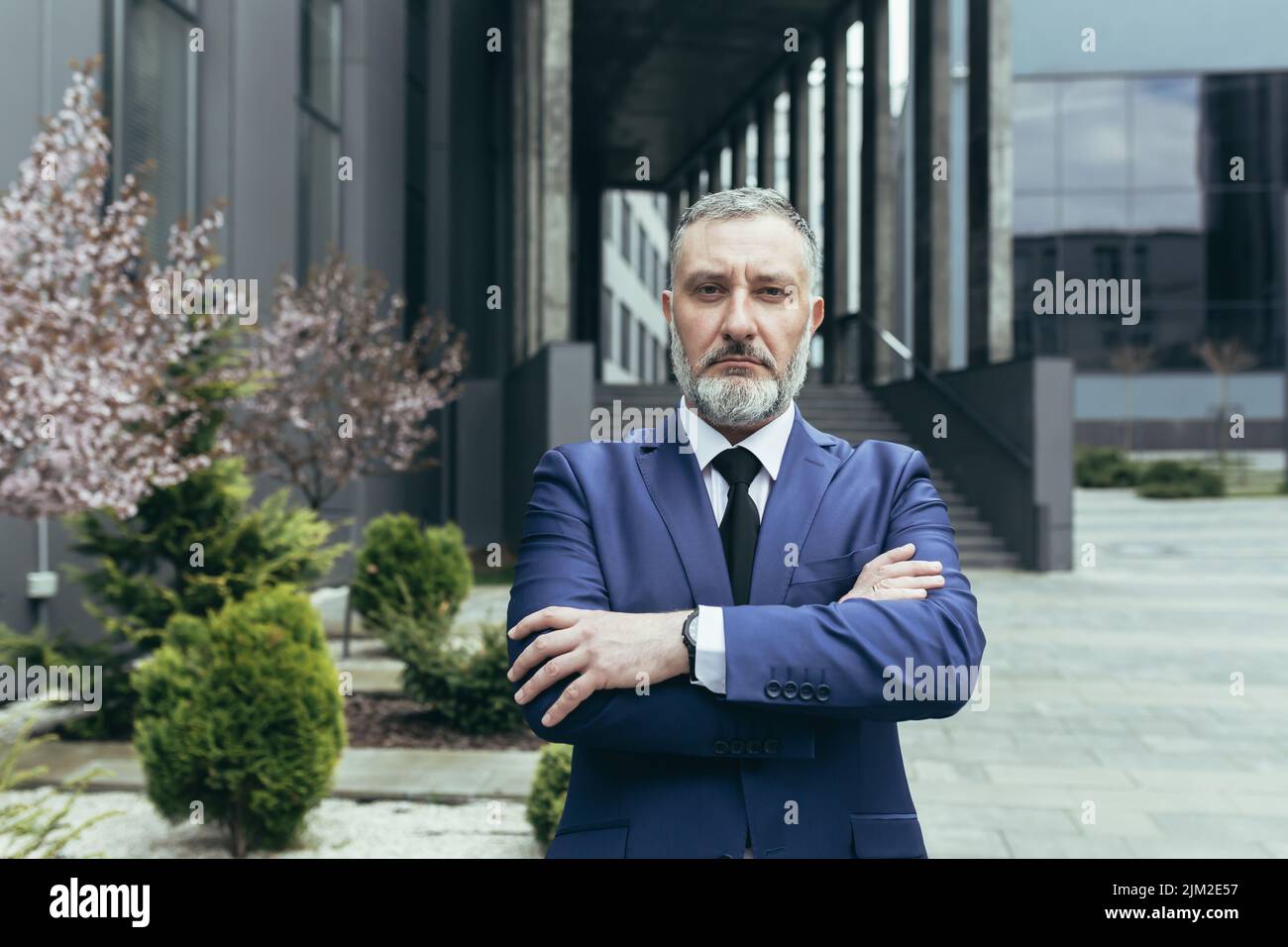 Portrait d'un homme d'affaires expérimenté et réfléchi avec succès, un patron d'homme aux cheveux gris en costume d'affaires devant le bureau, regardant un appareil photo aux bras croisés Banque D'Images
