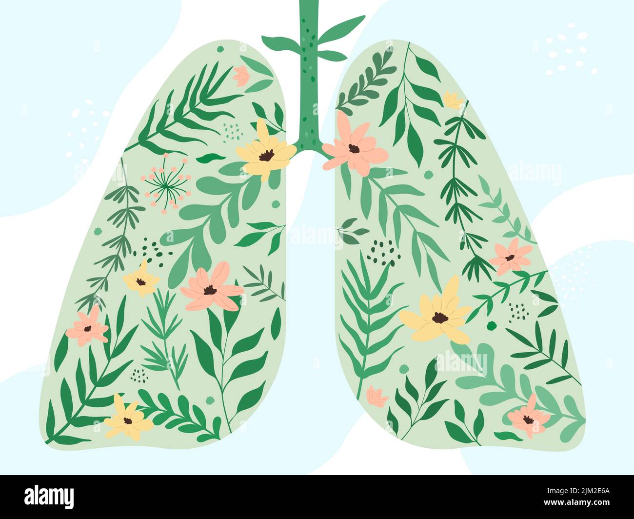 Fleurs de printemps fraîches provenant du jardin, plantes sauvages et feuilles vertes à l'intérieur des poumons humains abstraits. Dessin animé décoration florale de l'illustration de vecteur plat d'organe respiratoire. Concept de mode de vie sain Illustration de Vecteur