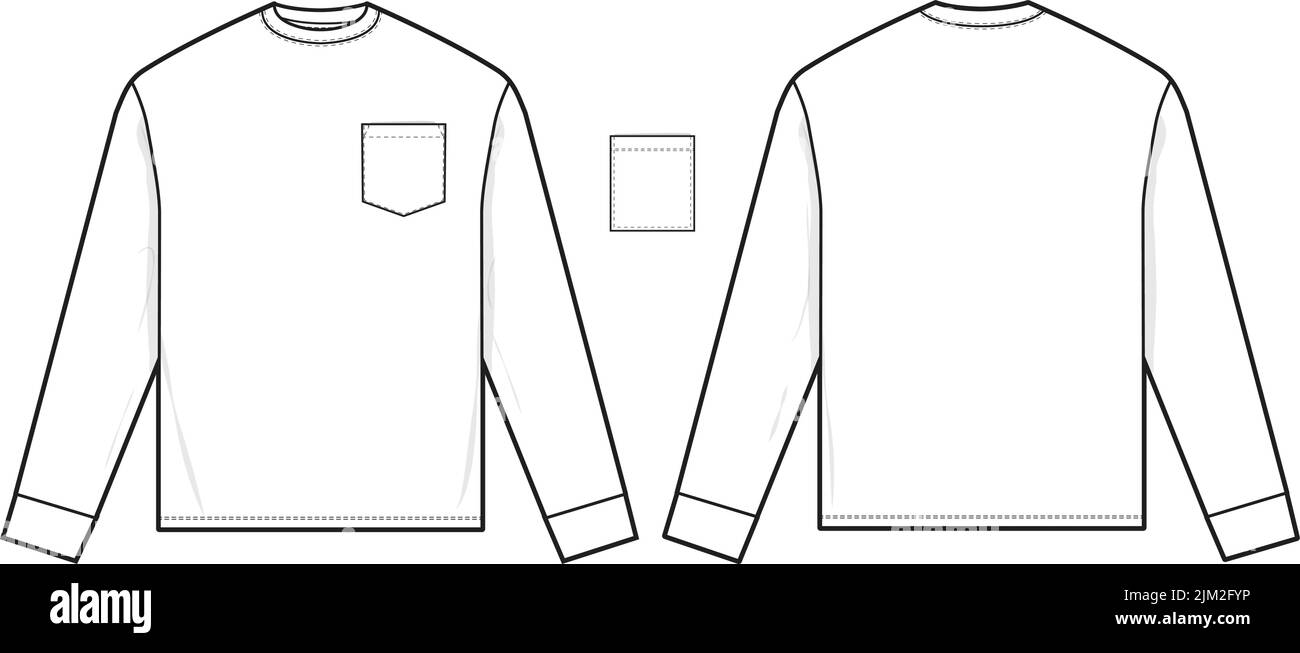 T-shirt à manches longues et poche Vector Fashion Flat dessin technique CAD Illustration Short Sleeve Blank Streetwear modèle pour le design et Tech P Illustration de Vecteur