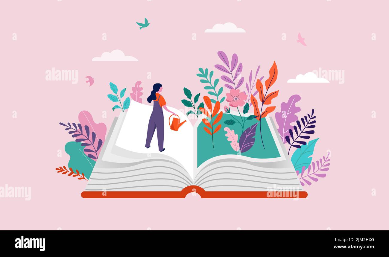 Le concept de festival de livre de la femme arroser le jardin et la lecture d'un livre énorme ouvert. Retour à l'école, conception de la bibliothèque. Illustration vectorielle, poster Illustration de Vecteur